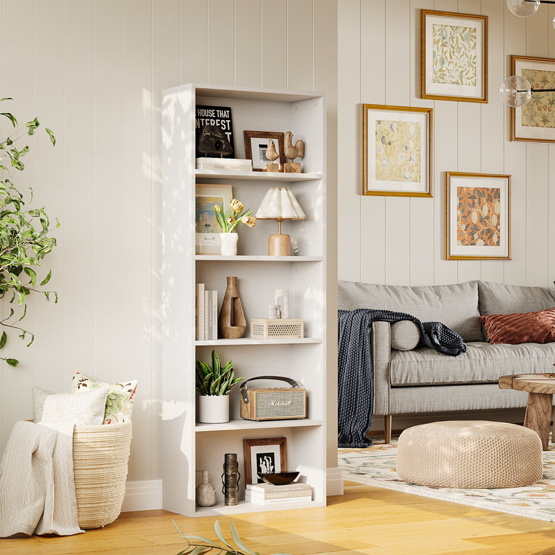 Livingon 21.8"W Standard Bookcase, White, (5 Shelves) 59.5"H x 21.8"W x 9.3"D