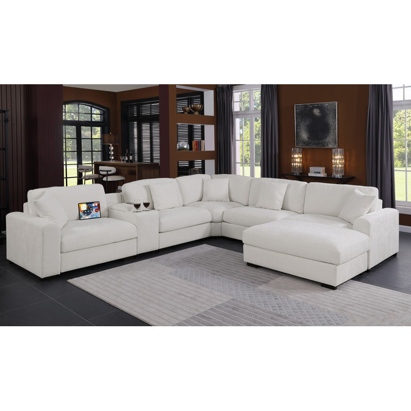 Modern Upholstered Cloud Modular Corner Sectional Sofa With Consoles, 36" H x 137.5" W x 124" D, White Chenille