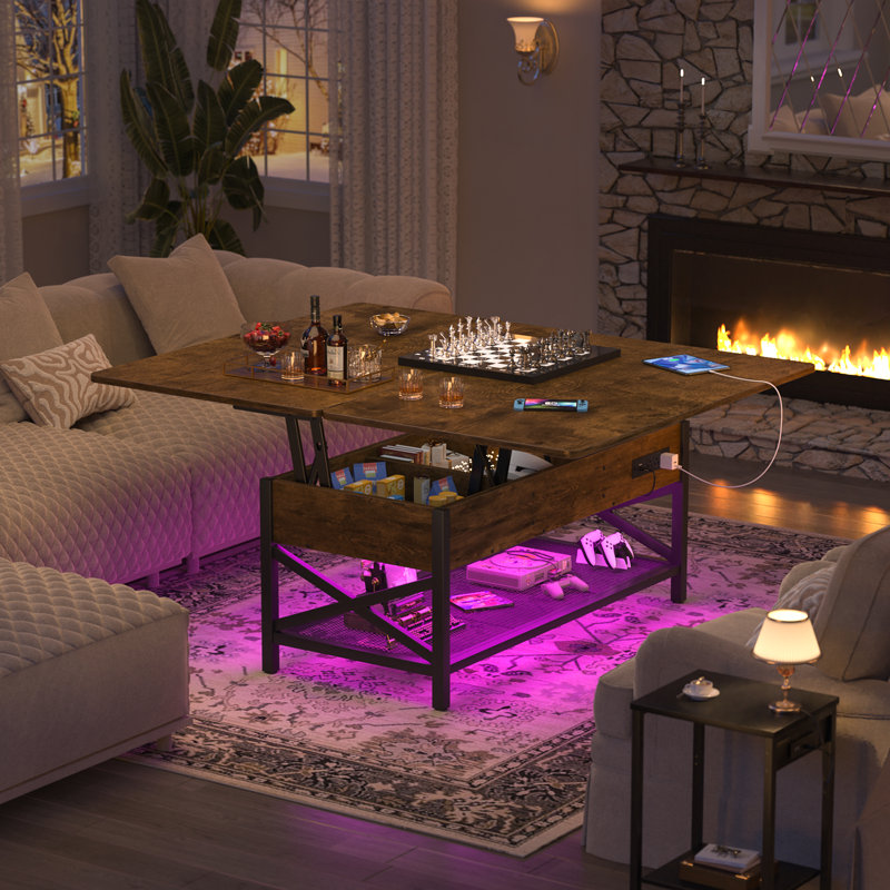 Table basse Jeraldean pour salon avec rangement et lumières à DEL RVB, Brun, Noir
