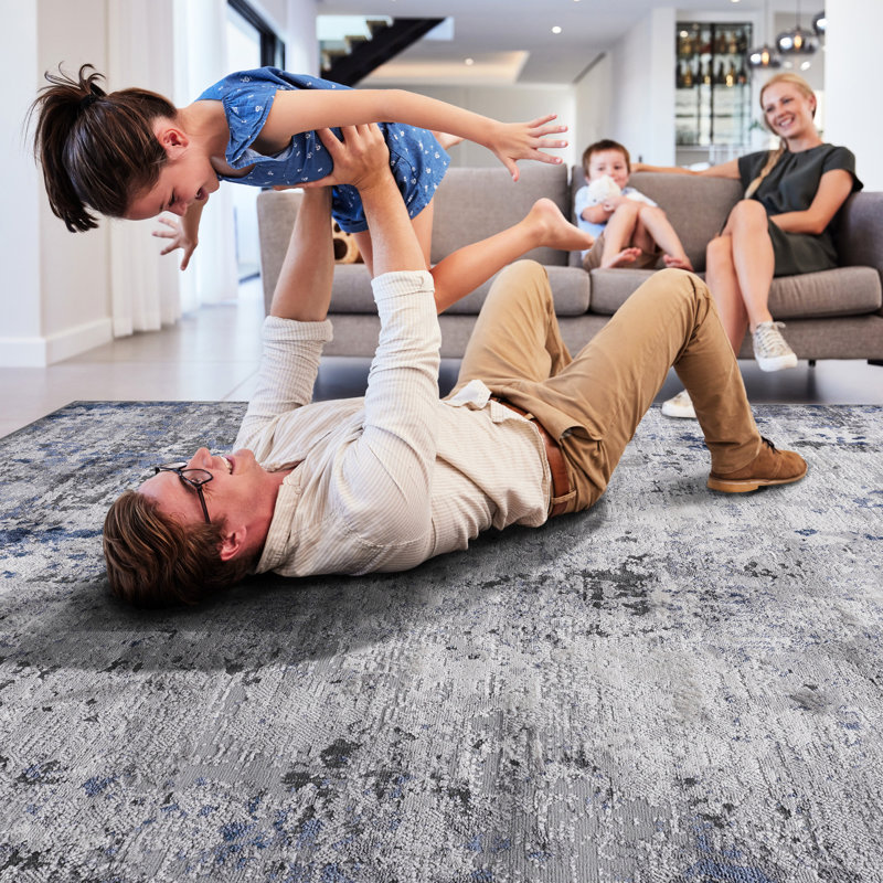 Area Rug In Silver/blue/abstract - Non-shedding, Stain For Living Non-shedding With Print Ideal Dining Room, Bedroom