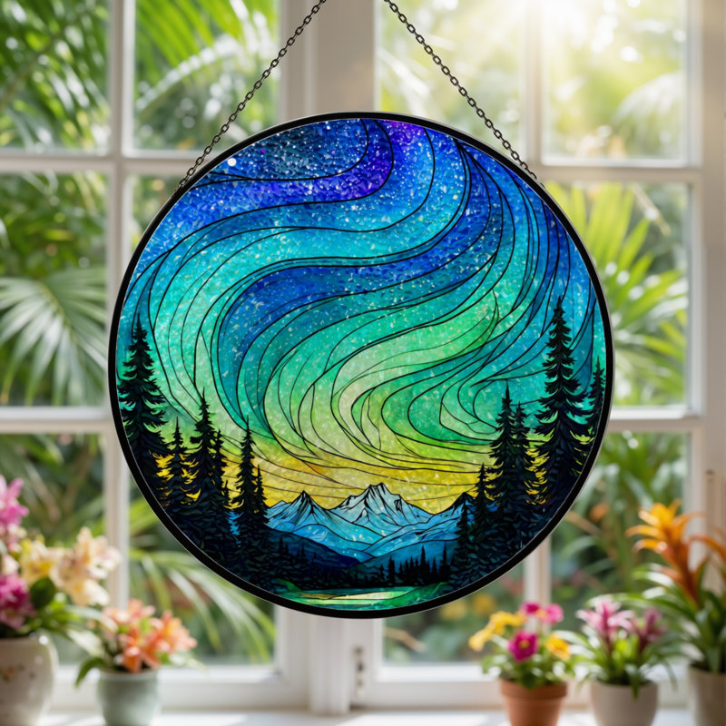 Vitrail de fenêtre en verre coloré H 7,8 po Aurora, H 7,8 po x l 7,8 po