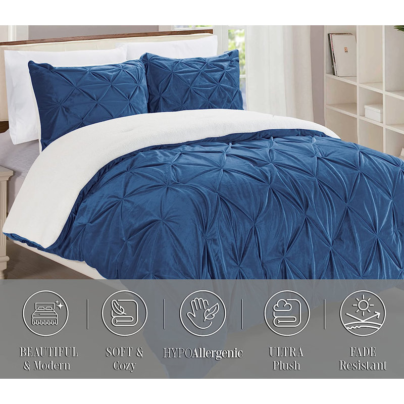 Ensemble d'édredon en microfibre 3 pièces Mocassi Pintuck Sherpa, Édredon très grand lit californien + 2 taies dé, Marine