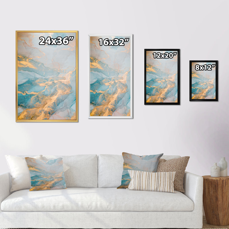 Turquoise luxueux et marbre doré II - peinture, H 36 po x l 24 po, Cadre flottant brun
