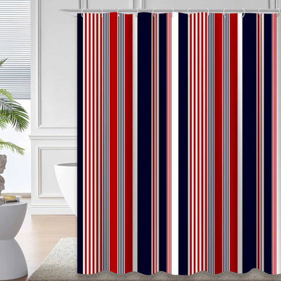Rideau de douche rayé bleu rouge blanc marine avec 12 crochets