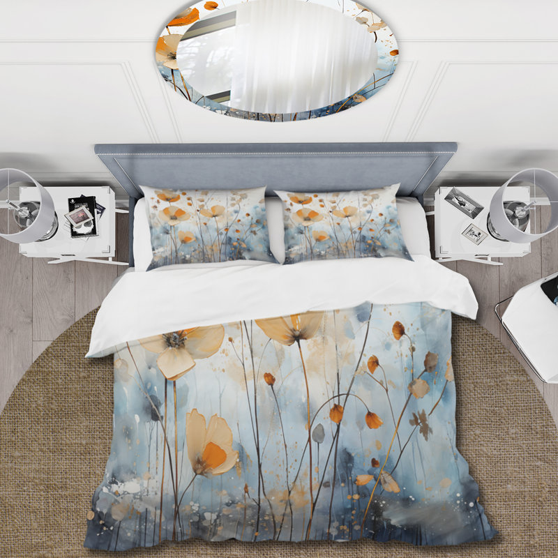 Orange Blue Muted Botanicals II - Abstract Botanicals Duvet Cover Set, King Duvet Cover + 2 King Shams