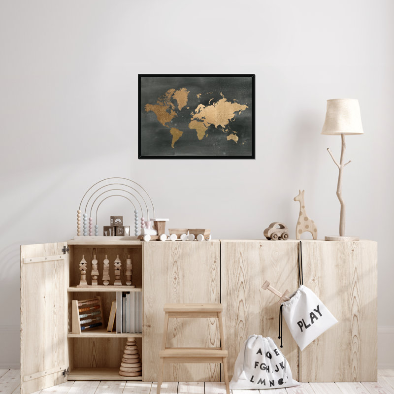 Gold World Map On Black Wash by Jennifer Goldberger - Print, Black Framed Paper Print, 34cm H x 50cm W