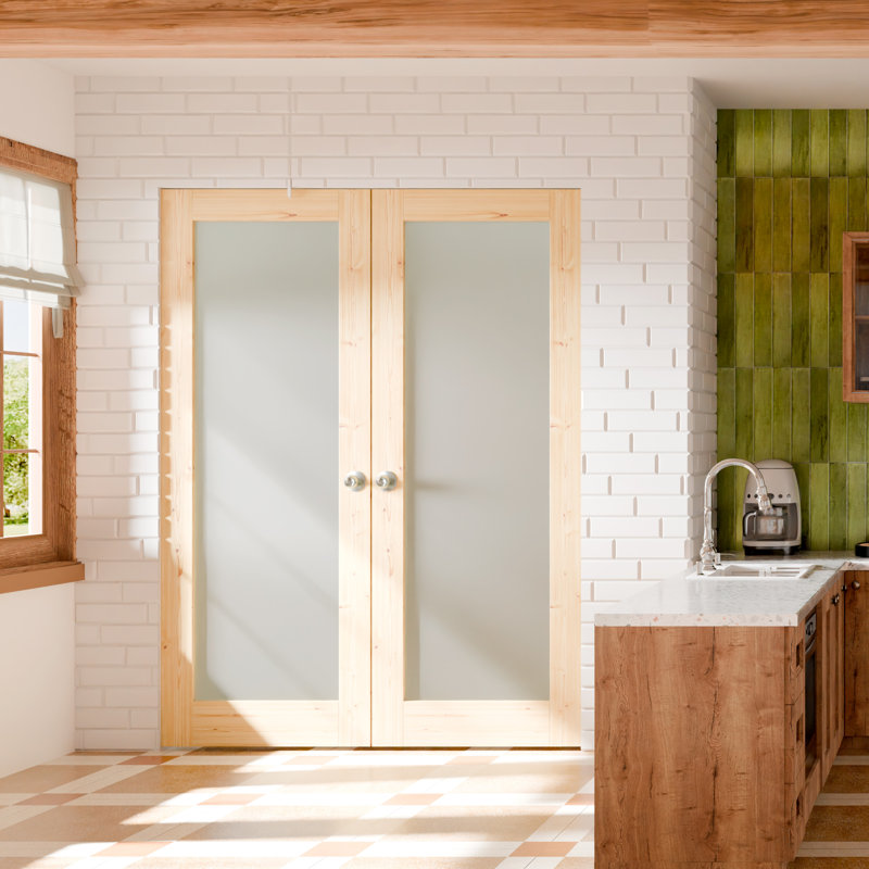 Interior Pantry French Doors - 1-Lite Frosted Standard Door Slab Prefinished Pine Solid Core Doors With Handle (No Frame)