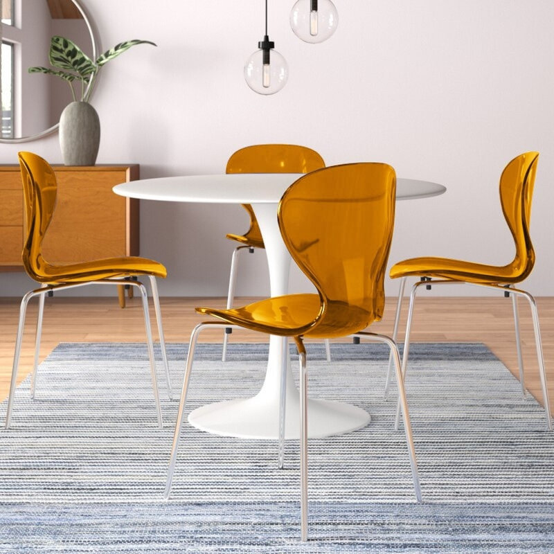 Ensemble de salle à manger 7 pièces avec plateau en panneau de fibres à densité moyenne blanc et 4 chaises d'appoint en plastique avec pieds en acier inoxydable chromé