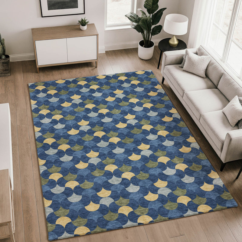 Tapis géométrique Premium lavable à la machine Villers AMF2568, Navy, 9' x 12'