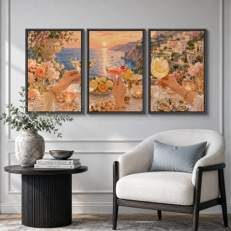 «Sunset Coastal Cocktail Terrace», images de salle à manger, impression sur toile encadrée, 3 pièces, Cadre noir