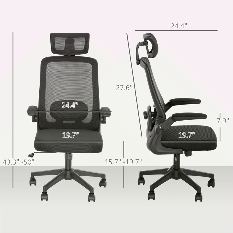 Chaise de bureau en filet, chaise de bureau avec accoudoirs rabattables, appui-tête rotatif, support lombaire réglable