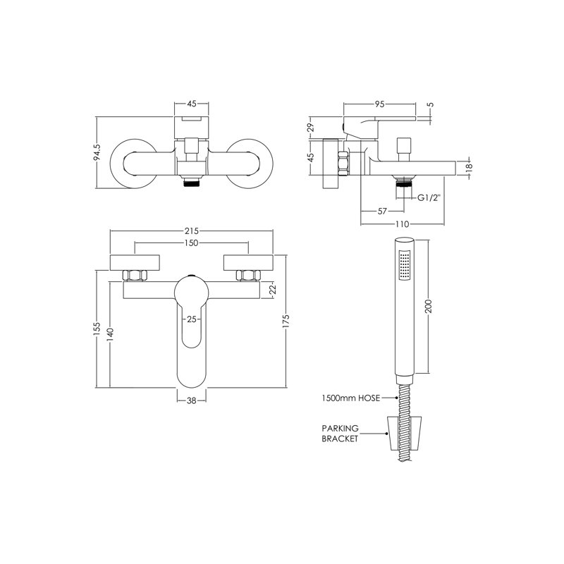 Arvan 1 Handle Wall Bath Shower Mixer Bath Filler with Diverter