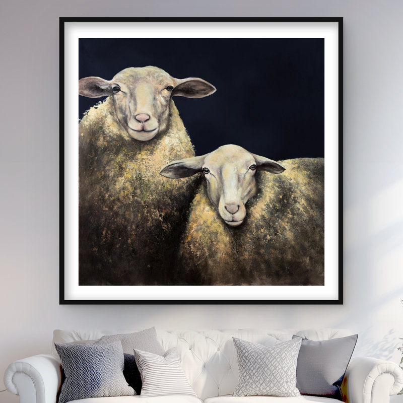 Deux moutons sur fond bleu - impression encadrée avec passe-partout, H 48 po x l 48 po