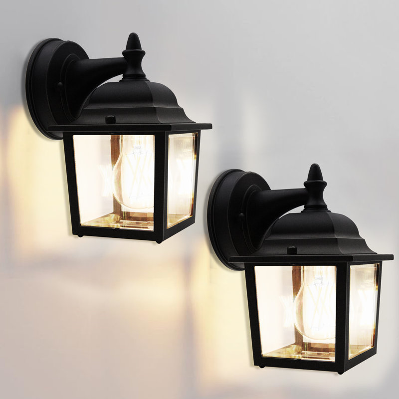 2 Pack Exterior Wall Mount Light, Matte Black Outdoor Wall Sconce with Clear Glass Shade, E26 Base Exterior Wall Light Fixture, Weather Resistant Porch Lamp for Patio Garage