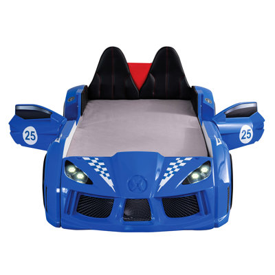 Twin Race Car Bed With Blue Finish, Novelty Look, Magnetic Opening Doors, Led Lights On Wheels, Upholstered Headboard And Sides, 4 Sound Options Size In Blue, Modern Design, Embedded Remote