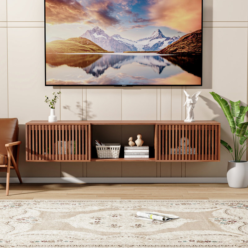 Floating TV Stand For Up To 80'', Wall-Mounted Media Console With Flip-Up Slatted Doors