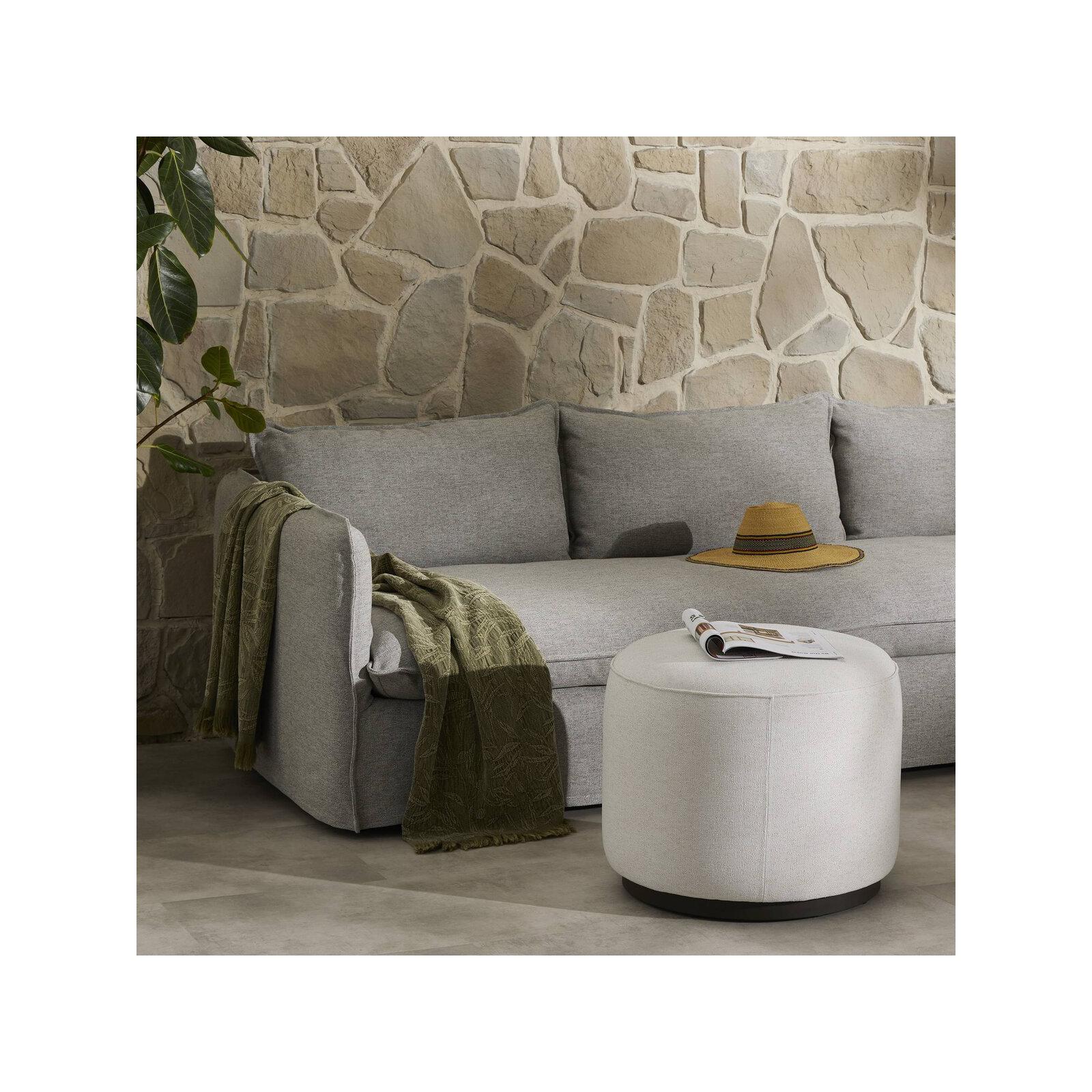 Devin Round Outdoor Ottoman with Cushion, Cream