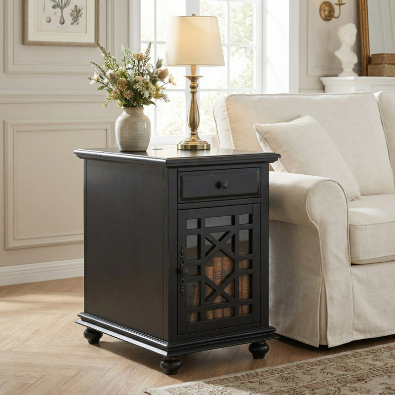 Ahmara End Table with Storage and Charging Station, Antique Black
