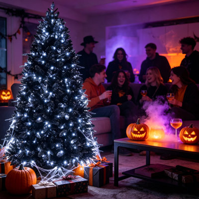 Premium Black Artificial Christmas Tree Pre‑Lit with Warm White LED Lights – 5ft (250 LEDs, 1076 Tips) Sizes, Dense PE+PVC Hinged Branches with Sturdy Metal Stand for Halloween, Holiday, and Gothic Décor