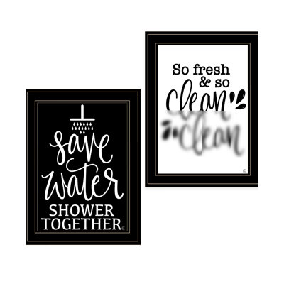 « Clean/Douche Ensemble » 2 de Fearfully Made Creations, impression sur papier multicolore avec cadre noir, prête à accrocher.