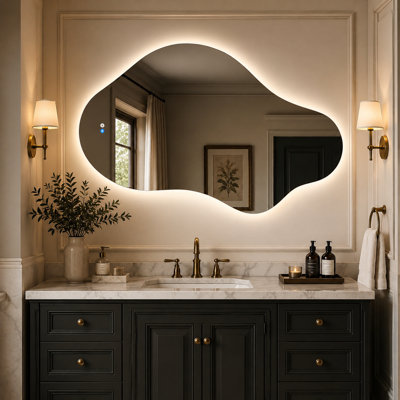 Asymmetrical Frameless LED Mirror with Anti-Fog,Three Color Lighting designed for bathroom vanity and home decor