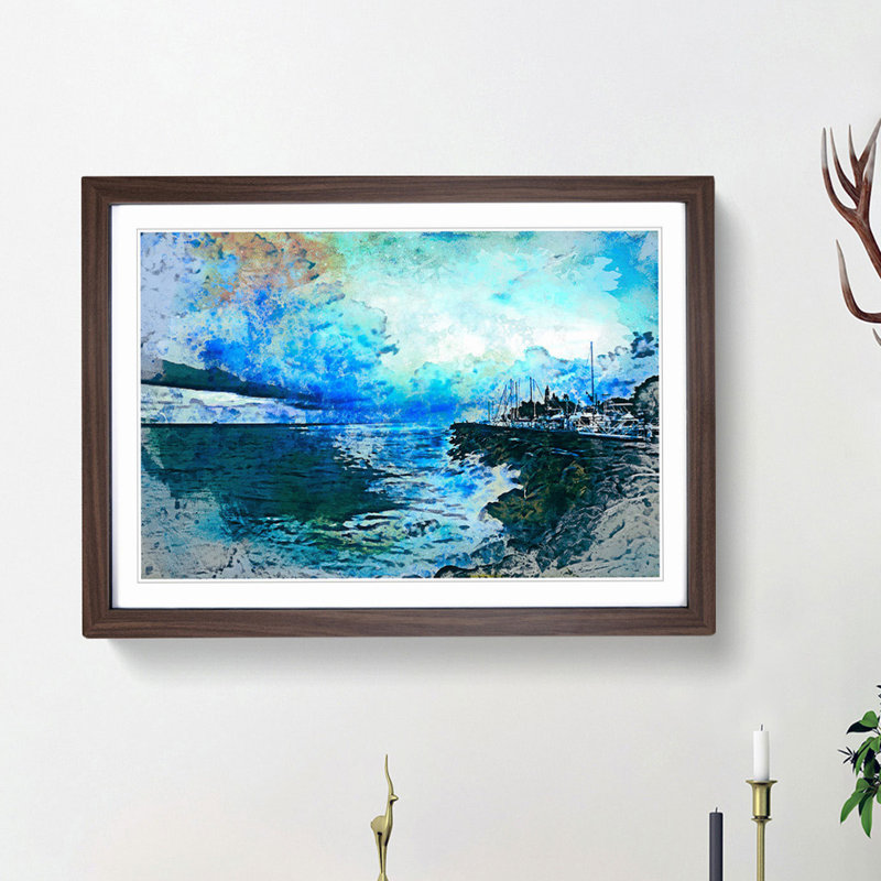 Boats Docked in the Harbour in Abstract - Picture Frame Painting Print, 27cm H x 36cm W x 2cm D, Walnut Framed