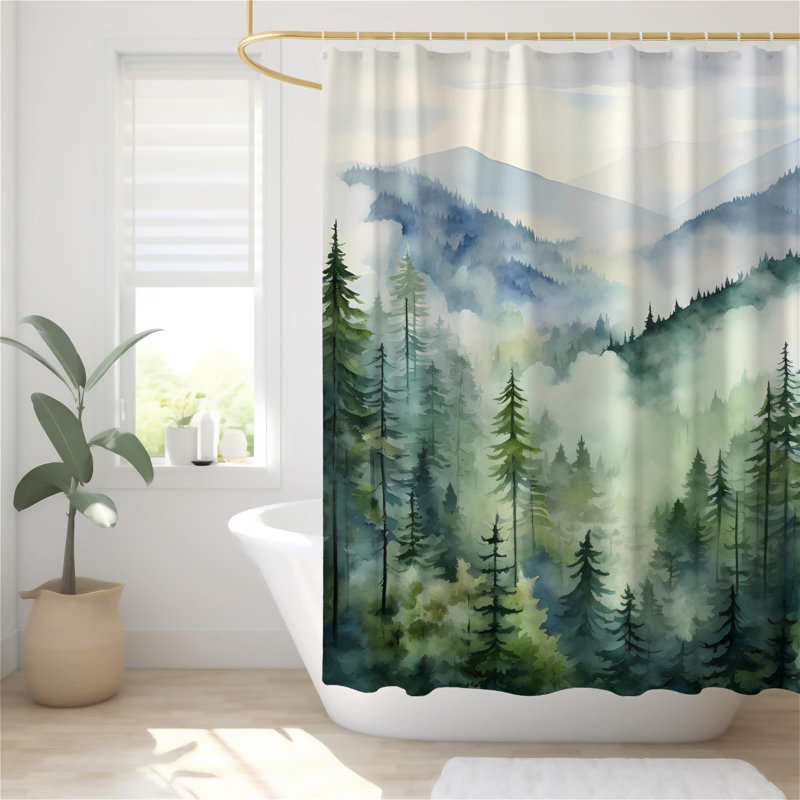 Rideau de douche Mountain Forest 72 po x 72 po, polyester imperméable, paysage de pin brumeux, comprend des œillets et des crochets, décoration de salle de bain lavable à la machine