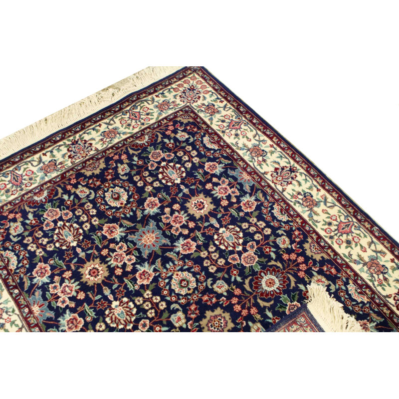 Tapis bleu marine et ivoire de haute qualité noué à la main