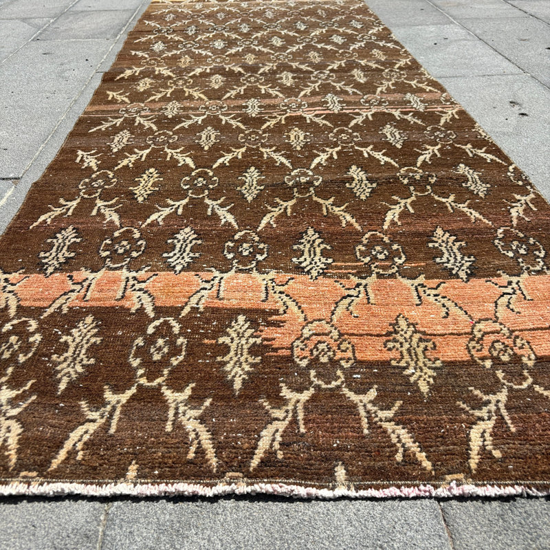 Tapis de couloir rétro en laine Oushak avec motif floral beige pour escaliers et couloirs