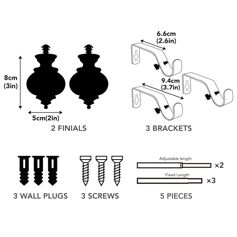 Adjustable 122cm to 213cm 1.9cm Single Curtain Pole, Black