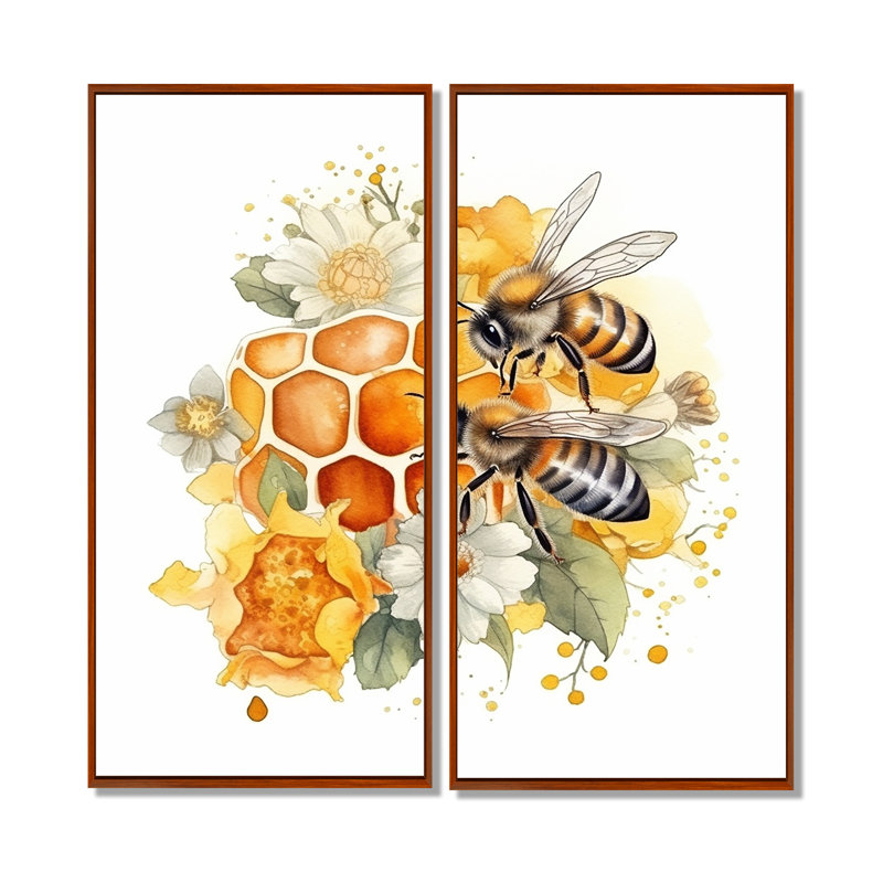 Floral Bee IV - 2 panneaux décoratifs animaux, 32" H x 32" W, Impression encadrée flottante, Brown