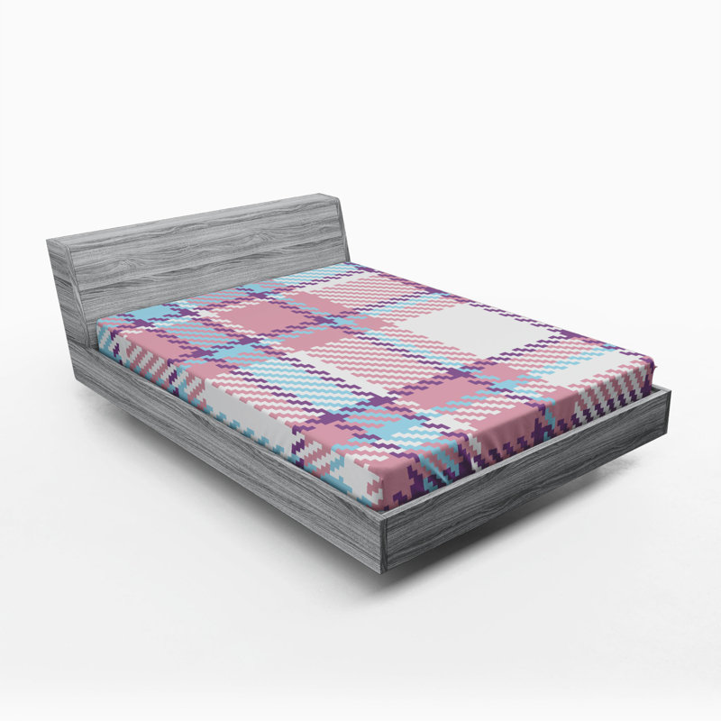 Microfiber Plaid Fitted Sheet, Queen Fitted Sheet, Lilac/Gray/Blue Plaid