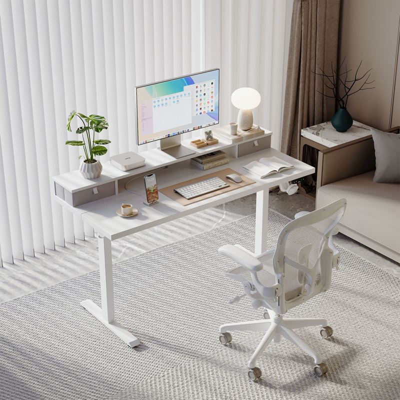 63" Electric Height Adjustable Standing Desk With Drawers,Home Office Desk with Large Monitor Shelf, White
