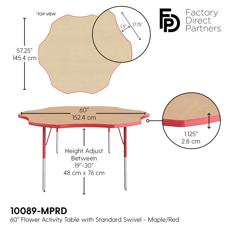 Table d'activités 60 "x 60" à moulures en T avec pieds réglables, Érable / rouge, Roulement pivotant standard
