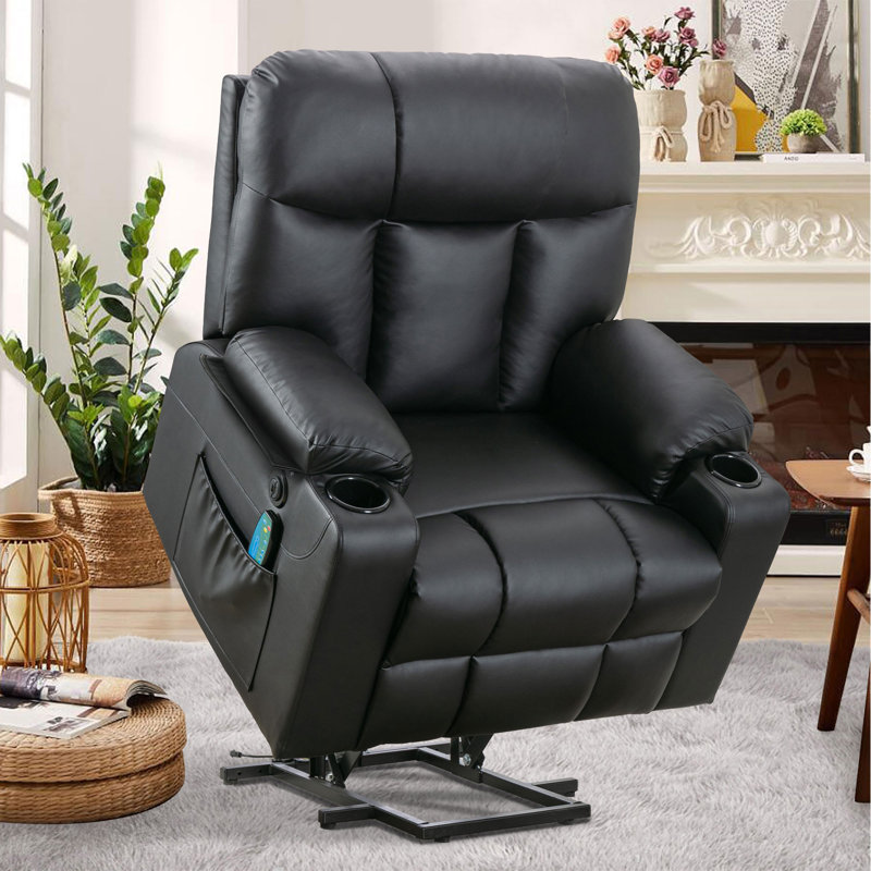 37.8" Wide Soft and Oversize Leather Power Lift Assist Massage Heat Recliner with USB & Dual Cupholders, Black Faux Leather
