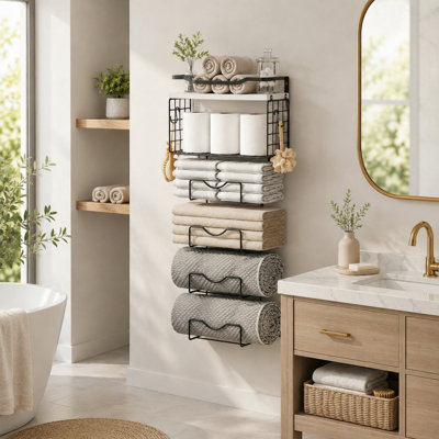 Bathroom Wall Storage Rack, 4-Tier Wall Mounted Organizer with Wood Top Shelf and Metal Frame, Space Saving Towel & Toilet Paper Holder, 22" H x 13" W x 6" D, for Bathroom
