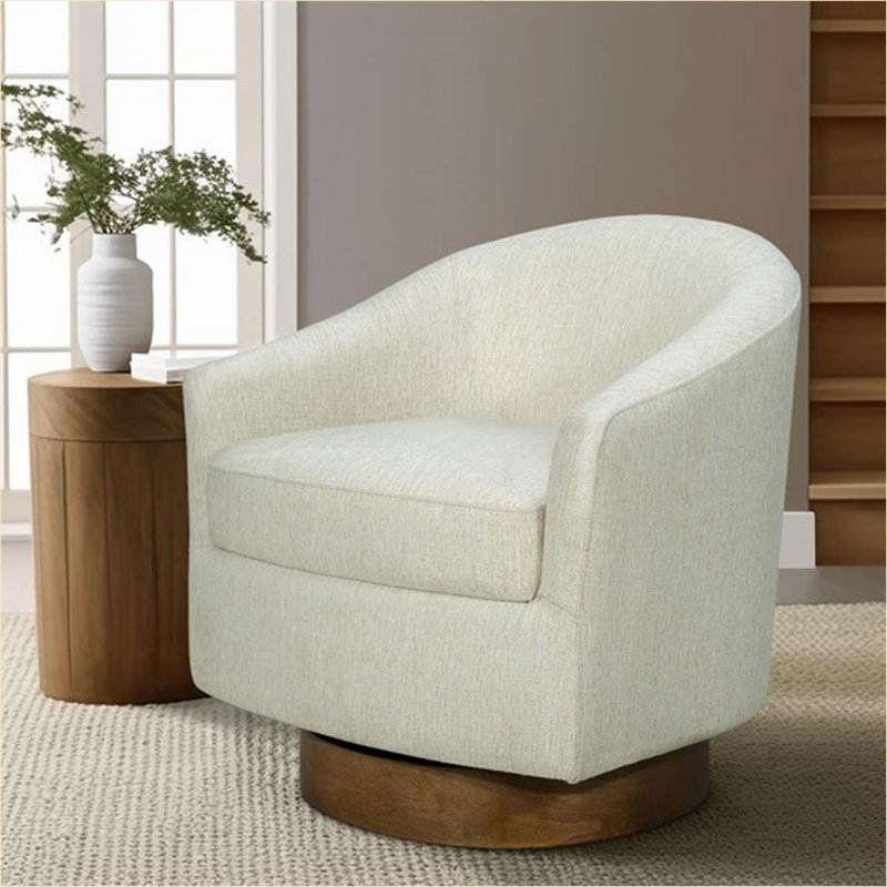 Fauteuil d'appoint pivotant crème avec base en bois massif, siège confortable pour adultes