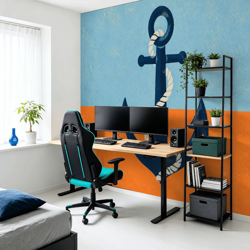 Murale auto-adhésive moderne pour la chambre à coucher Peel and Stick L 69 po x l 96 po avec imprimé ancre nautique bleu et orange