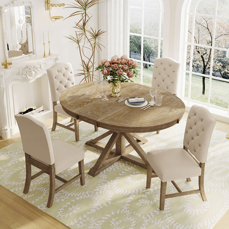 Ensemble de table de salle à manger avec table extensible et 4 chaises rembourrées, Bois naturel délavé