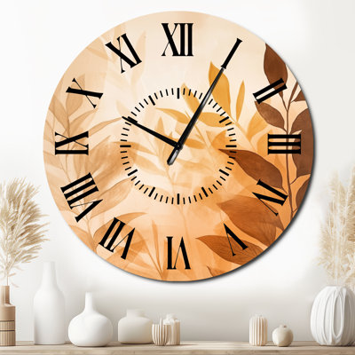 Caramel Botanical Fade I - Cream Modern Silent Round Metal Wall Clock