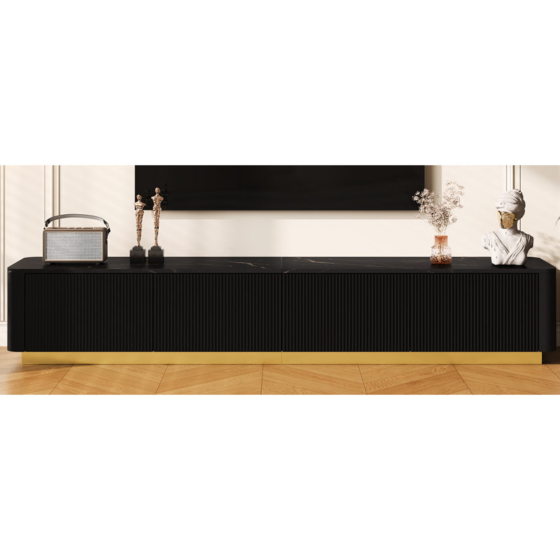 Modern Fluted Tv Stand For Up To 85 Inch Tvs, Black Faux Marble Tabletop, 4 Drawers, Gold Base, Curved Silhouette, Structure Veneer, Profile, And Stylish