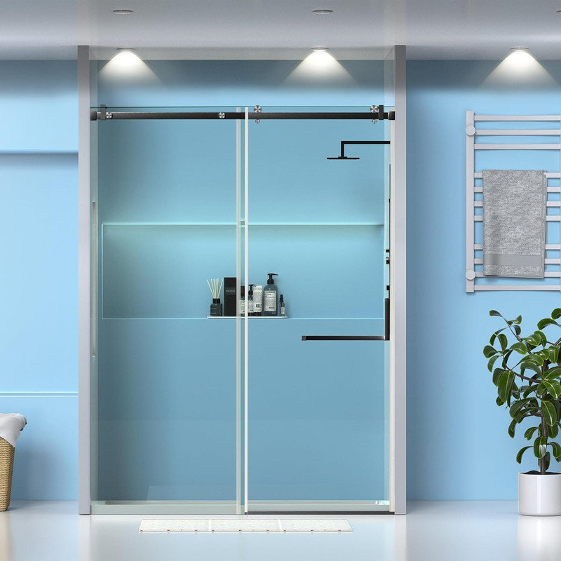 Porte de douche coulissante simple sans cadre 60 po x 75 po, verre anti-déflagrant de 8 mm avec fermeture en douceur, quincaillerie en acier inoxydable