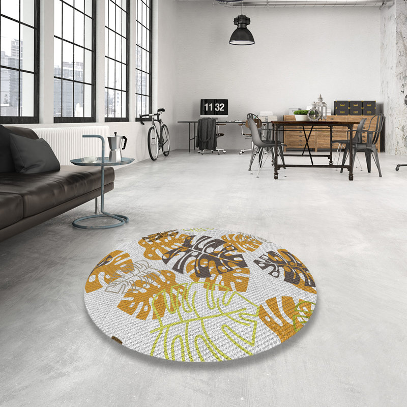Tapis brun/jaune/gris à motifs, Rond 4 pi