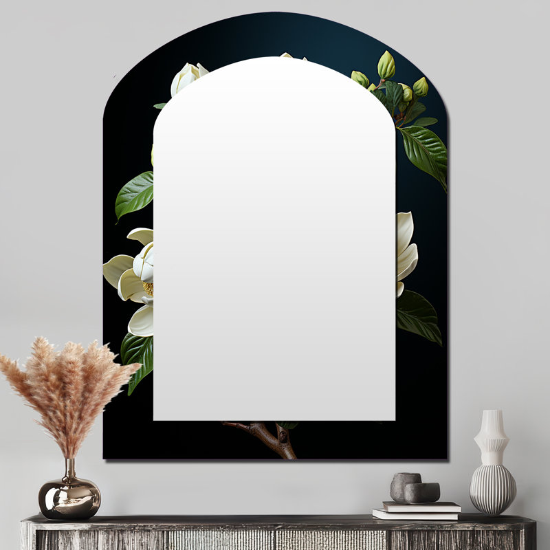 Art beige de Magnolias - miroir décoratif en arc Magnolias, miroir mural asymétrique beige, impression sur métal