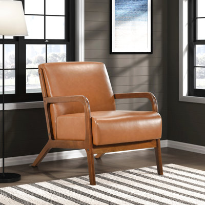 Fauteuil d'appoint rembourré de mousse en similicuir brun et bois de finition noyer avec Largeur du produit