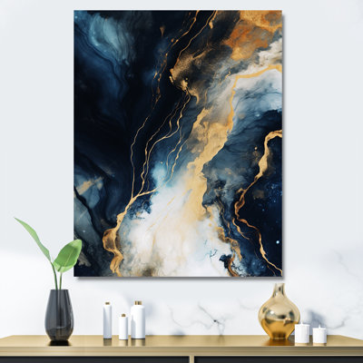 Or et bleu, peinture abstraite sur marbre II - décoration murale en marbre