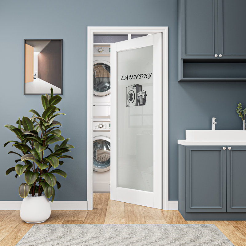 Porte intérieure à dalle de verre givré blanc blanchi en bois manufacturé massif de taille standard H 80 po / H 96 po