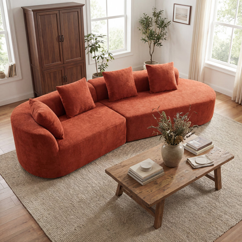 Lunford 116" Modern Curved Compression Boneless Sectional Sofa With Back Pillows, Orange Polyester