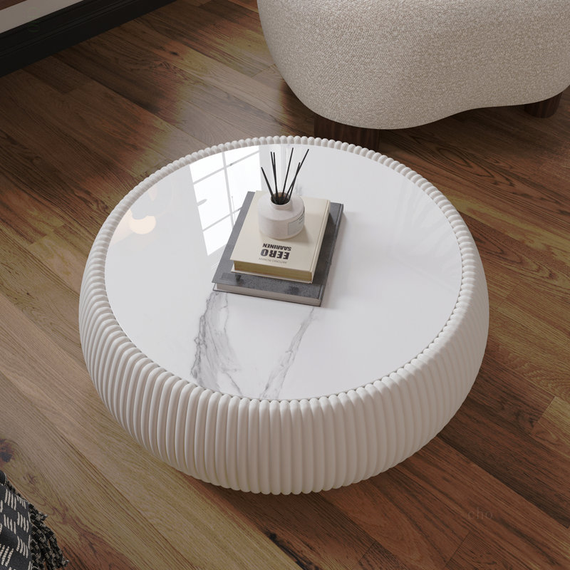 Table basse moderne en marbre avec plateau tambour en cuir pour meubles de salon, 13.41" H x 27.58" W x 27.51" D, Beige