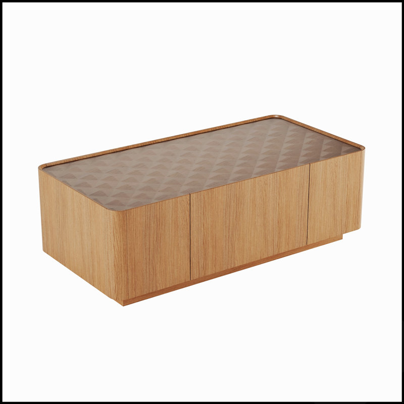 Table basse moderne du milieu du siècle avec plateau en verre et rangement dissimulé, idéale pour le salon et les appartements.
